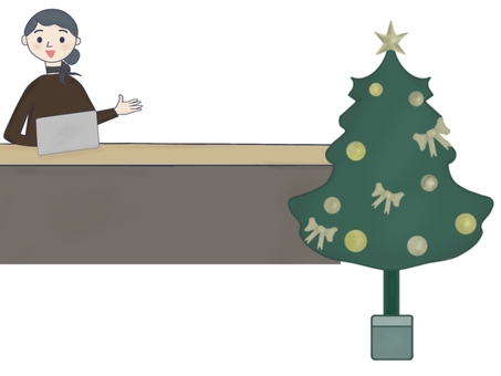 受付カウンターとクリスマス装飾1 女性スタッフ,受付,フロント,接客,案内,カウンター,レセプション,コンシェルジュ,もみの木,インフォメーションのイラスト素材