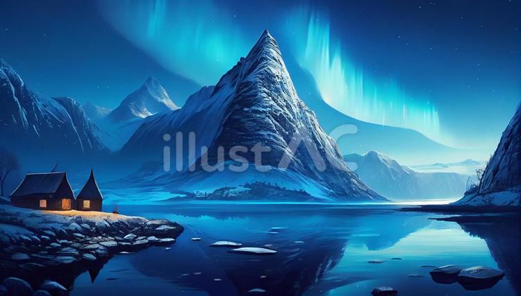 夜空にオーロラと山脈の見える北欧の風景画 オーロラ,北欧,ノルウェーのイラスト素材