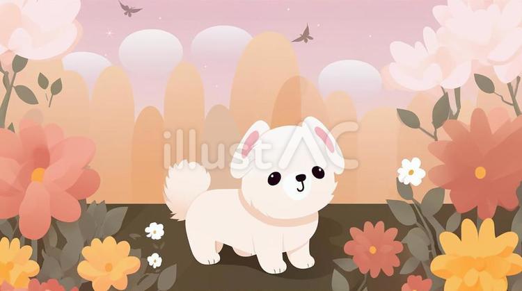 可愛い子犬ちゃんと花畑 可愛い子犬ちゃんと花畑 子犬,花,かわいいのイラスト素材