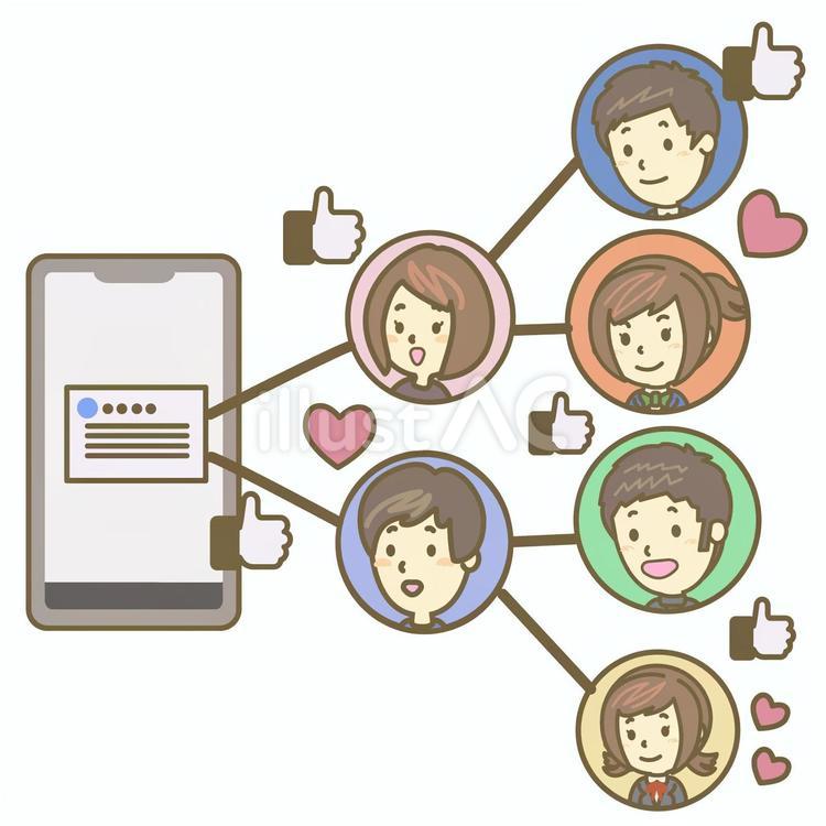 SNS投稿が拡散され評価される　右 スマホ,スマートフォン,snsのイラスト素材