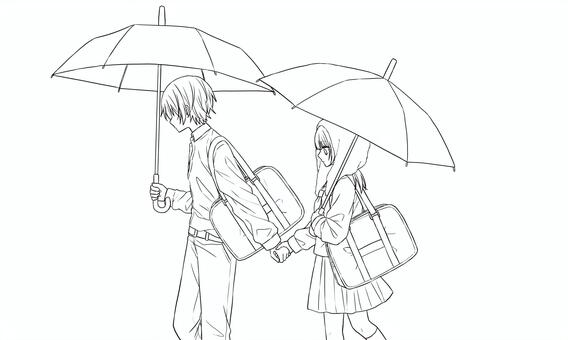 線画/男の子・女の子 線画,塗り絵,男の子,女の子,人物,キャラクター,制服,セーラー服,傘,雨のイラスト素材