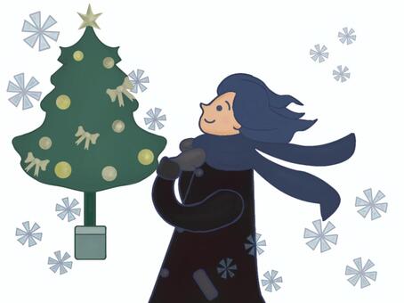 クリスマスの街を歩く女性5 女性,コート,髪の毛,風,冬,ファッション,マフラー,手袋,ブラック,シンプルのイラスト素材