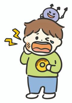 虫歯が痛む男の子のイラスト 虫歯,バイ菌,虫歯菌,歯,痛い,腫れる,男の子,ズキズキ,清潔,健康のイラスト素材