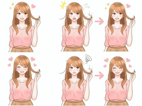 髪質改善する大人女性のイラスト素材セット ダメージヘア,枝毛,女性,髪の毛,髪質改善,アホ毛,ヘアケア,ロングヘアー,髪,茶髪のイラスト素材