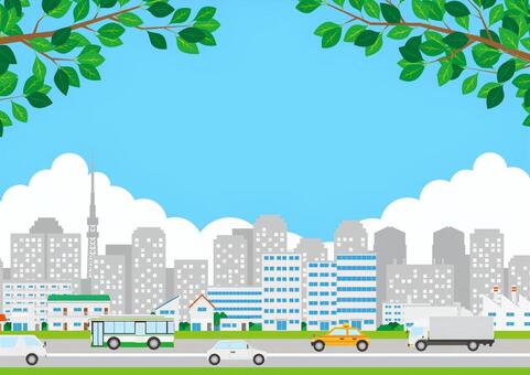 木の葉と街と都市のイラスト風景素材 街,都市,家,ビル,オフィス,工場,道路,自動車,トラック,バスのイラスト素材