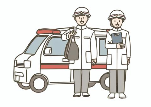 救急車の前に立つ救急隊員 救急隊員,救急車,救命士,消防,医療,緊急,車,乗り物,働く,人物のイラスト素材