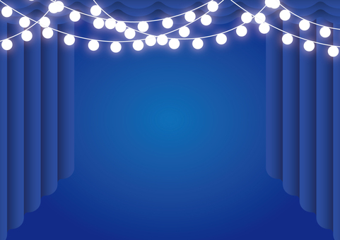 青色のカーテンとおしゃれなライトの背景 カーテン,幕,ステージ,電球,紐,青色,背景のイラスト素材