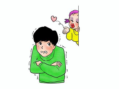 なんか寒気がする・・・ 人物,男性,大学生,女性,投げキッス,寒気,上半身,手書きのイラスト素材