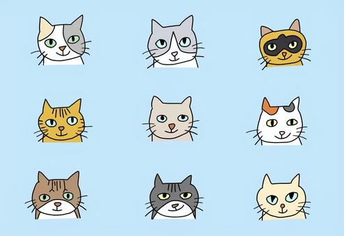 ９匹の猫② 猫,ねこ,白猫,茶トラ,三毛猫,ペット,アイコン,かわいい,笑顔のイラスト素材