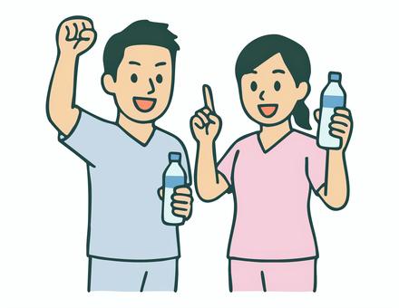 水分補給を呼びかける男女の看護師イラスト 人物,看護師,スクラブ,医者,看護職,水分補給,ベクター,看護婦,対策,男性のイラスト素材