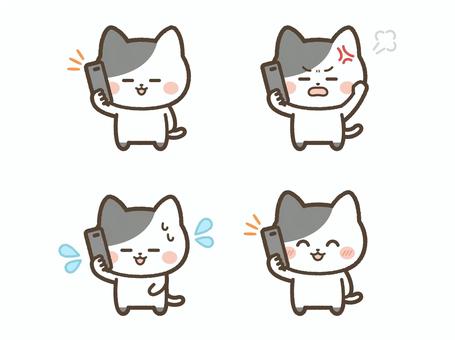 電話するねこ（シチサン）表情セット ねこ,電話,かける,スマホ,連絡,ニコニコ,焦る,謝る,謝罪,怒るのイラスト素材