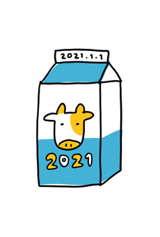 年賀状　丑・6 年賀状,丑,丑年,2021年,お正月,牛,牛乳パック,牛乳,ゆるい,キャラクターのイラスト素材