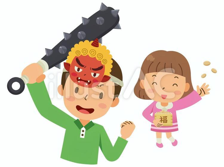 節分／豆まき／鬼のお面／親子 節分,鬼,豆まきのイラスト素材