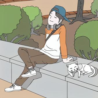 日向ぼっこする男性と猫 日向ぼっこ,男性,猫,公園,ベンチ,ヘッドホン,キャップ,スニーカーのイラスト素材