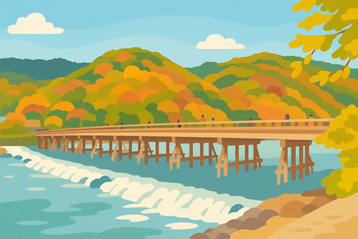 京都の秋 紅葉の嵐山と渡月橋 京都の秋 紅葉の嵐山と渡月橋 嵐山,渡月橋,京都,紅葉,秋,季節,日本,和風,絶景,名所のイラスト素材