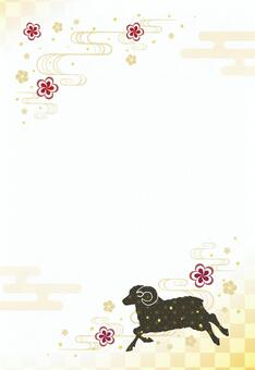 羊と和柄と花の和風デザインの年賀状05 年賀状,羊,背景,ひつじ,2027,未年,和柄,和風,花,赤のイラスト素材