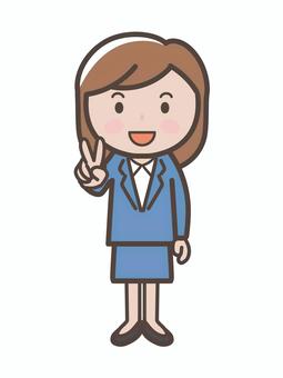 笑顔でピースをするスーツ女性の全身 女性,スーツ,ピース,かわいい,ol,ビジネスウーマン,笑顔,vサイン,会社員,記念撮影のイラスト素材