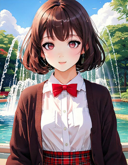噴水の前で