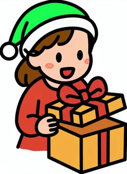 プレゼントを開ける緑の女の子です。 プレゼント,シンプル,ギフト,喜ぶ,受け取り,サプライズ,笑顔,贈り物,手渡し,お祝いのイラスト素材