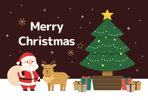 クリスマスカード　背景あり メリークリスマス,ポストカード,グリーディングカード,デザイン,サンタクロース,トナカイ,クリスマスツリー,装飾,星,プレゼントボックスのイラスト素材