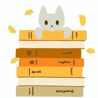本の山から顔を出す猫とイチョウのイラスト 本,猫,読書,秋,イチョウ,銀杏,葉っぱ,本の山,積み重ね,本好きのイラスト素材