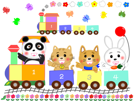 みんなで機関車パンダ号に乗ろう‼️ 列車,機関車,動物,アニマル,パンダ,猫,犬,うさぎ,可愛い,ペットのイラスト素材