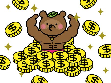 お金とマッチョのたぬきのイラスト 金,金持ち,マッチョ,たぬき,おもしろい,シンプル,動物,イラストのイラスト素材