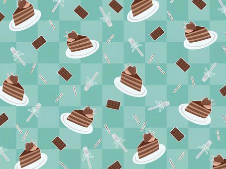 チョコケーキ（緑）背景 チョコケーキ,チョコレート,ハート,チョコ,板,巻き,くるくる,フォーク,リボン,市松模様のイラスト素材