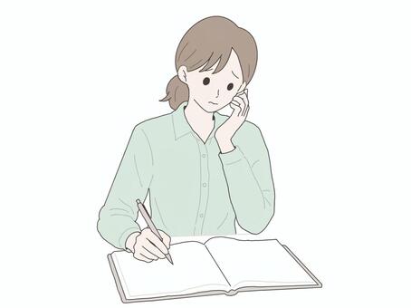 ノート_悩む_女性 女性,ノート,書く,悩む,考える,メモ,困る,迷う,悩み,困惑のイラスト素材