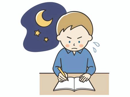 夜に試験勉強をする白人男性 男性,外国人,留学生,勉強,宿題,学習,学ぶ,学び,テスト,課題のイラスト素材