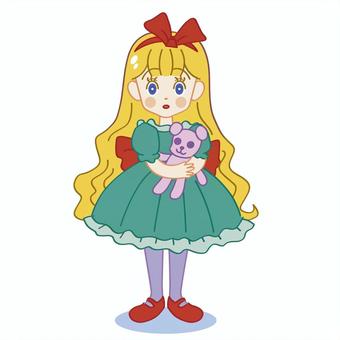 赤いリボンのカチューシャの女の子 人物,人,女の子,少女,金髪,ぬいぐるみ,クマ,緑,赤,黄色のイラスト素材
