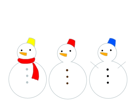 三体の雪だるまが並ぶ冬のカラーイラスト 雪だるま,イラスト,かわいい,雪,シンプル,子ども向け,ウィンター,ほのぼの,スノーマン,寒いのイラスト素材