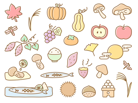 秋のイラスト、秋の味覚 秋,秋の味覚,手描き,お月見,お月見団子,さんま,サンマ,秋刀魚,まつたけ,松茸のイラスト素材