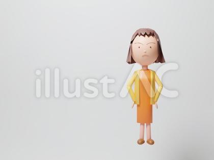 手を腰に当ててムッとする若い女性・全身