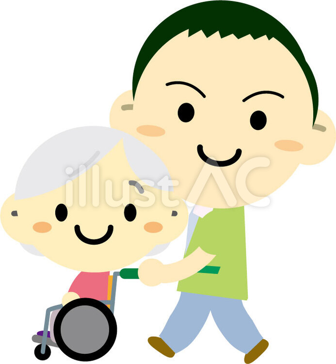 車いすのおばあちゃんの移動を手伝う介護士 車いす,車椅子,おばあちゃんのイラスト素材