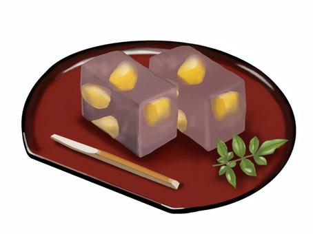 栗蒸し羊羹（赤2） 羊羹,蒸し羊羹,栗,菓子楊枝,お盆,小豆,食べ物,和菓子,菓子,おやつのイラスト素材