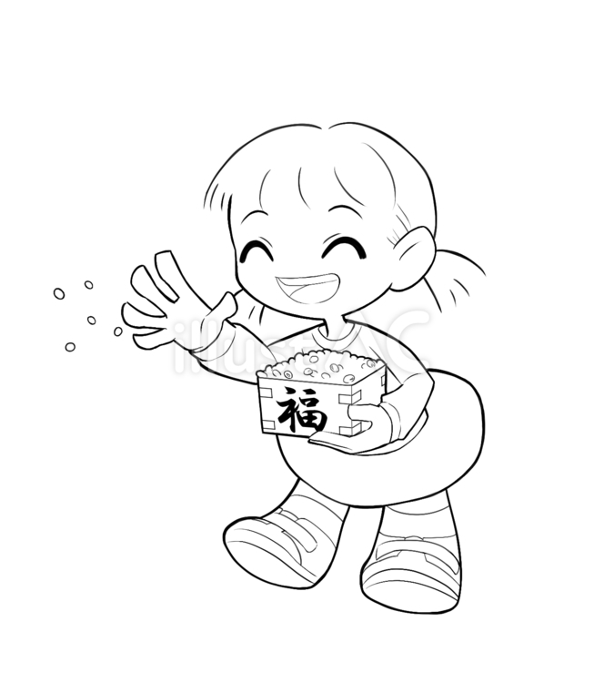 豆まきをする女の子　線画 人物,子供,女の子のイラスト素材