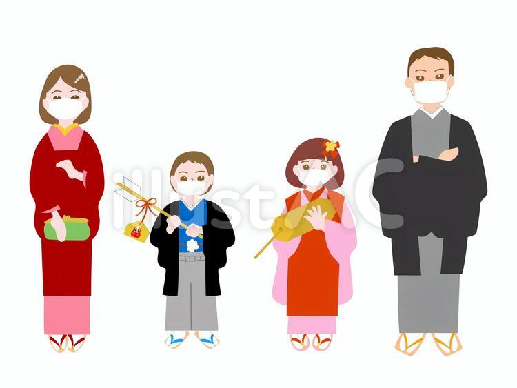 マスクで初詣をする家族　おみくじ　破魔矢 初詣,お正月,着物のイラスト素材