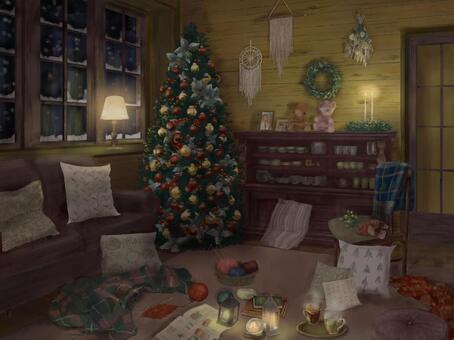 クリスマスルーム　夜 クリスマス,イブ,クリスマスツリー,リース,キャンドル,ライト,スノードーム,冬,ホリデー,ソファのイラスト素材