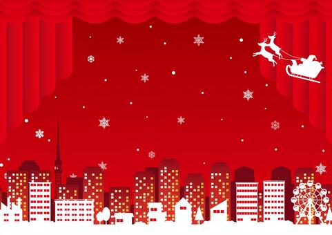 赤色のクリスマスの街とカーテンの背景素材 クリスマス,冬,雪,結晶,サンタクロース,トナカイ,そり,街,都会,家のイラスト素材