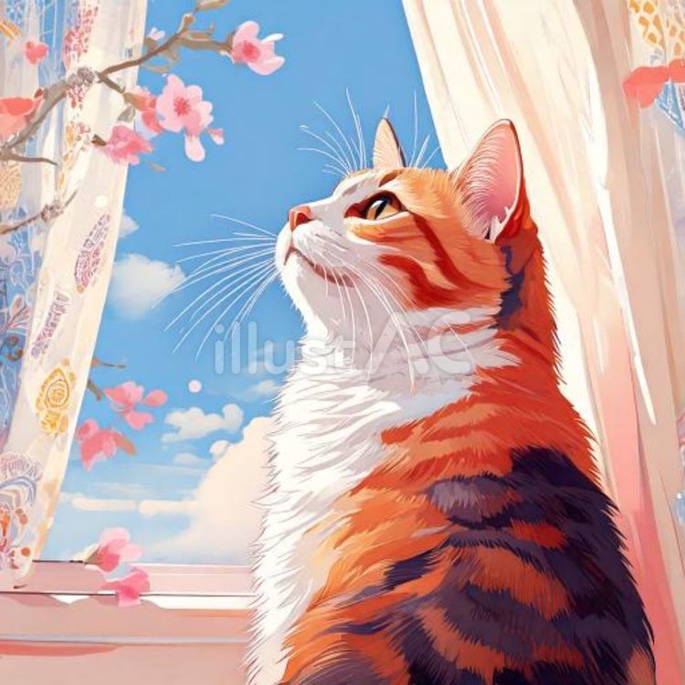 桜を見上げる三毛猫イラスト - No: 26065164｜無料イラスト・フリー