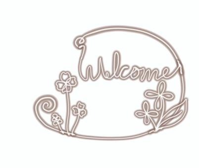 ワイヤーアート風デザイン　welcome ワイヤーアート,白背景,コピースペース,かわいい,シンプル,花,葉っぱ,文字,ワンポイント,ヨツバのイラスト素材