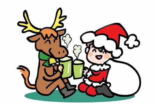 聖夜にまったり、サンタとトナカイ クリスマス,カード,サンタクロース,トナカイ,聖夜,まったり,にっこり,休憩,寛ぐ,可愛いのイラスト素材