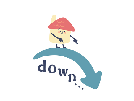 お家（ダウン） 家,やじるし,下がる,ダウン,下落,戸建て,建物,家屋,一軒家,優しいのイラスト素材