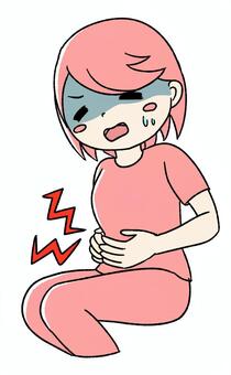 桃色の女の子が腹痛 ピンク,かわいい,手描き,腹痛,お腹が痛い,体調不良,つらい,苦しい,下腹部痛,生理痛のイラスト素材