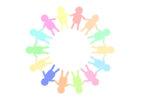 つながり・手をつないで輪になっている人々 つながり,つなぐ,輪,仲間,友達,仲良し,カラフル,人,パステルカラー,フレームのイラスト素材