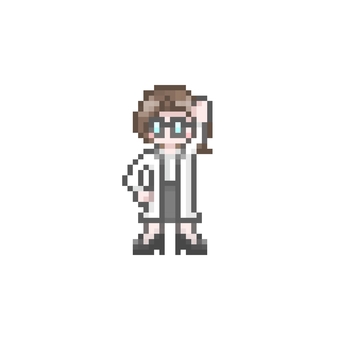 ドット絵のやる気な白衣を着た女性 ドット絵,ピクセル,手,片手,挙手,返事,はい,やる気,ガッツポーズ,熱血のイラスト素材