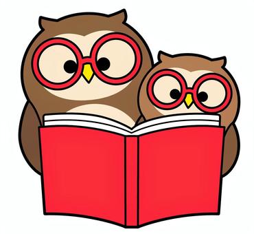 読書している親子フクロウ 本,フクロウ,読書,親子,読む,キャラクター,かわいい,主線あり,親,子供のイラスト素材