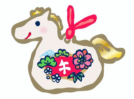 年賀状素材「午／馬」縁起物と馬の土鈴 午,馬,うま,土鈴,年賀,正月,縁起物,松竹梅,扇,松のイラスト素材