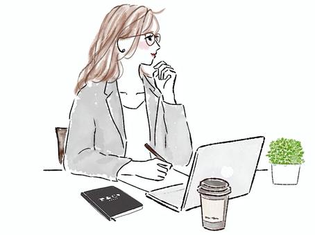 会議で話を聞くスーツの眼鏡の女性の横顔 女性,ビジネス,仕事,pc,眼鏡,スーツ,会議,コーヒー,ドリンク,カップのイラスト素材